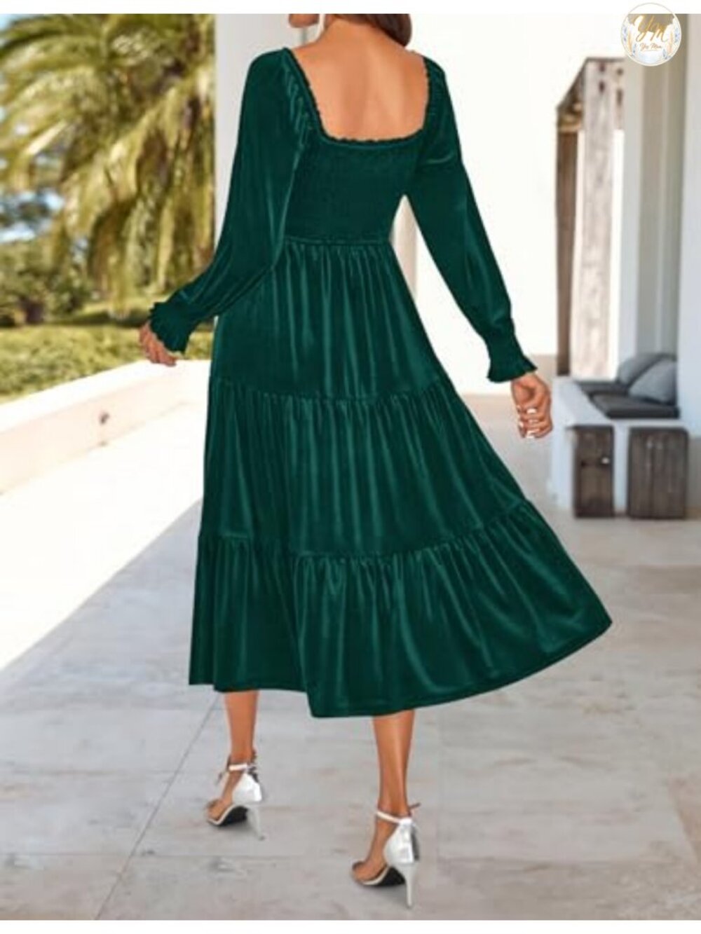 ZESICA Velvet Long Sleeve Square Neck Midi Cocktail Party Dress - Picture 4 of 6